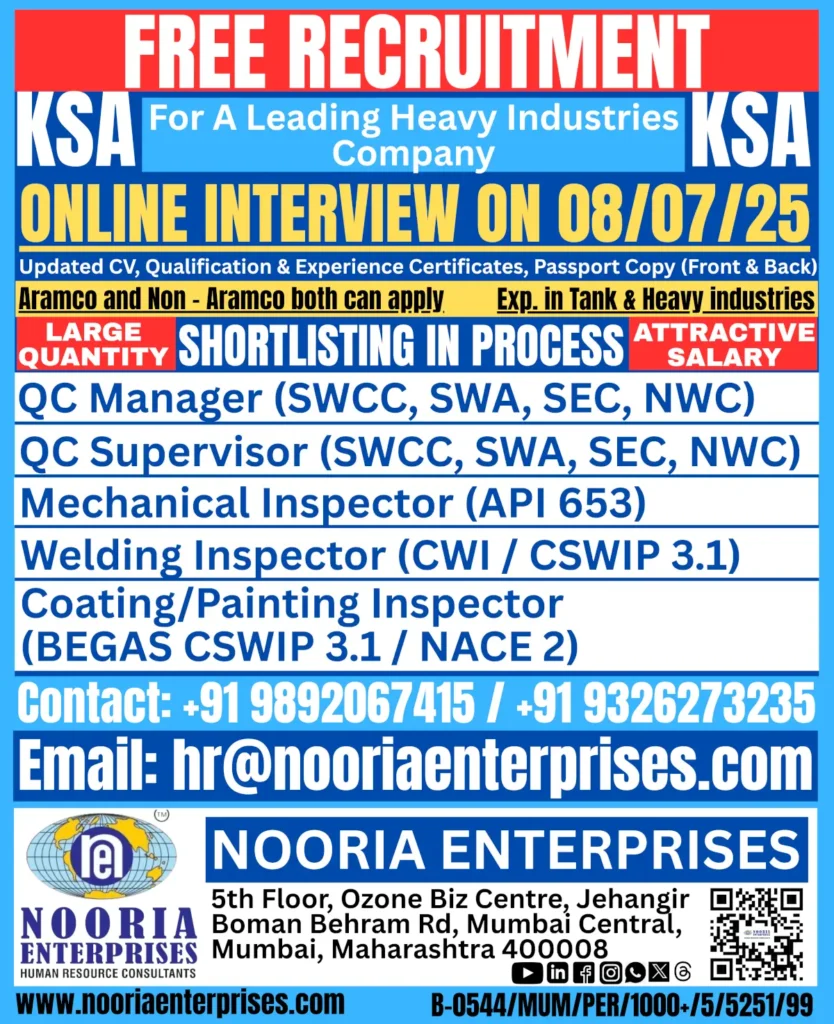 Free Recruitment for KSA Heavy Industry Company – Online Interview on 08/07/25