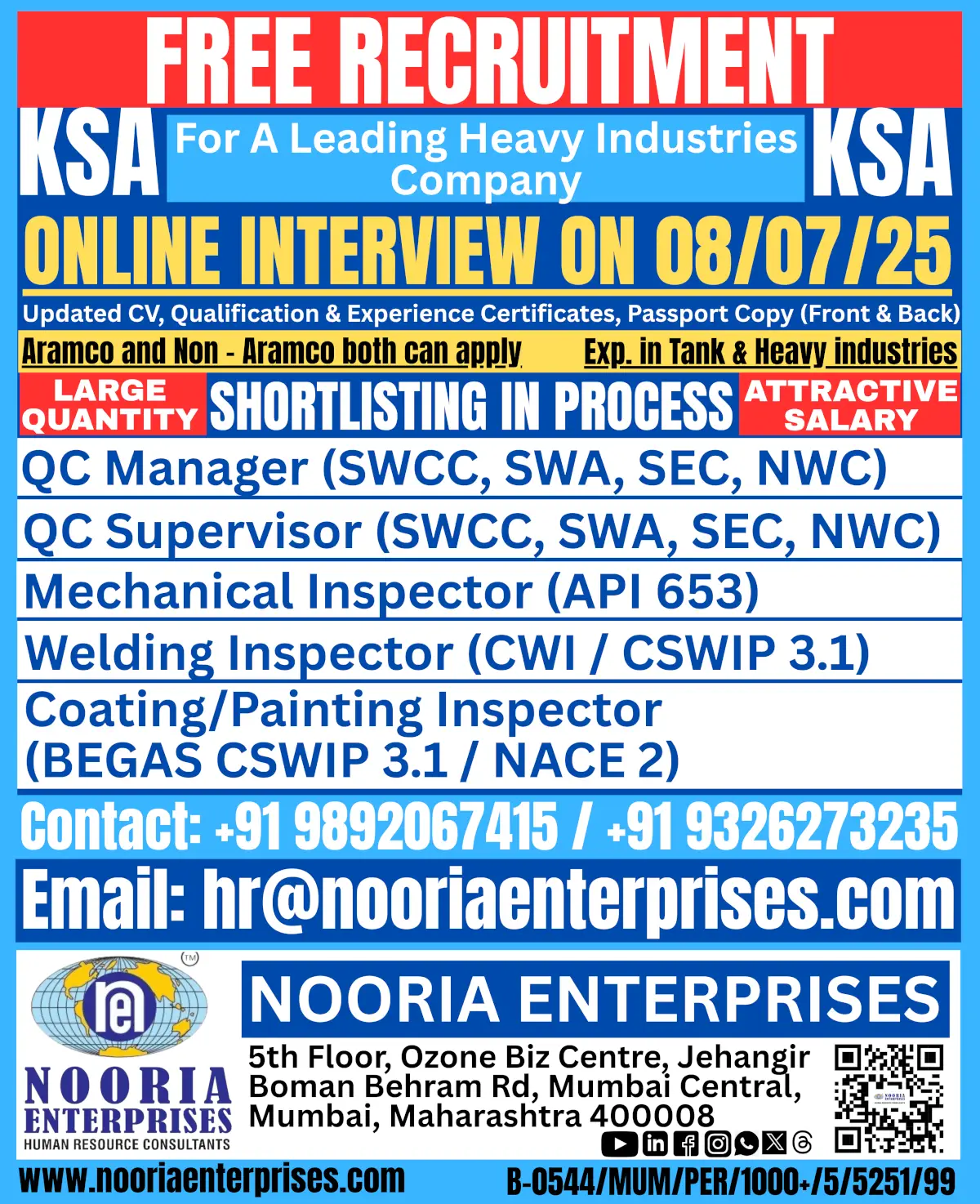 Free Recruitment for KSA Heavy Industry Company – Online Interview on 08/07/25