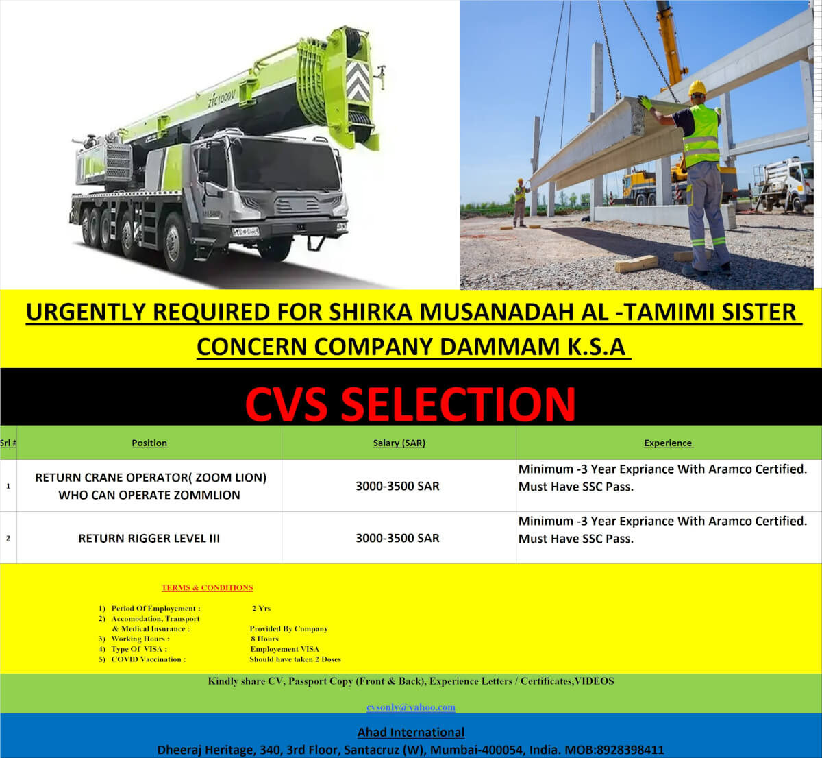 Urgent Jobs in Saudi Arabia – Crane Operator & Rigger Vacancies
