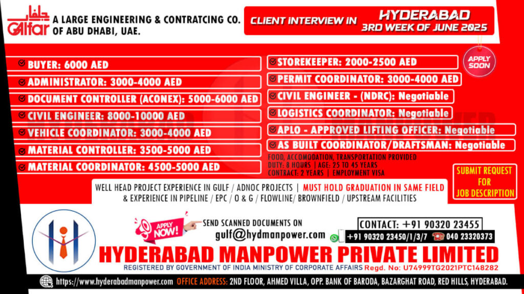 Galfar Abu Dhabi Jobs Interview in Hyderabad – June 2025 Hiring Alert