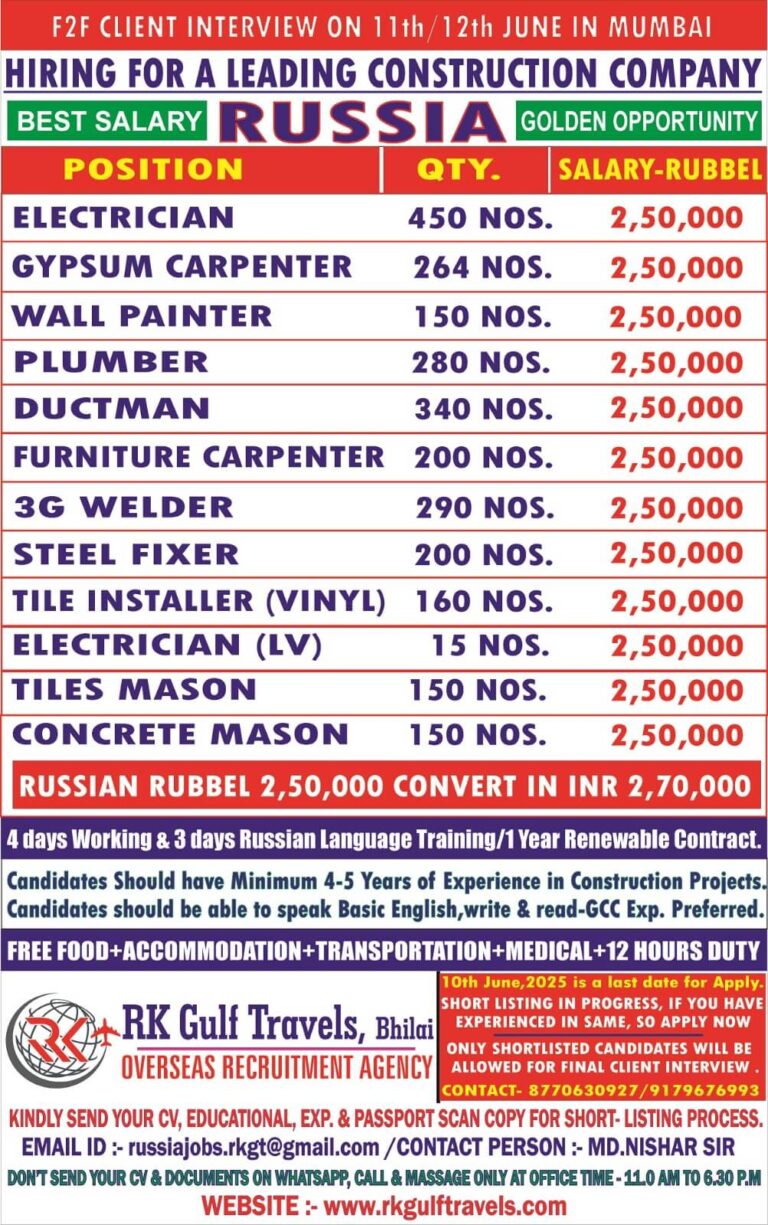 Golden Opportunity: Russia Construction Job Hiring – Face-to-Face Interview in Mumbai