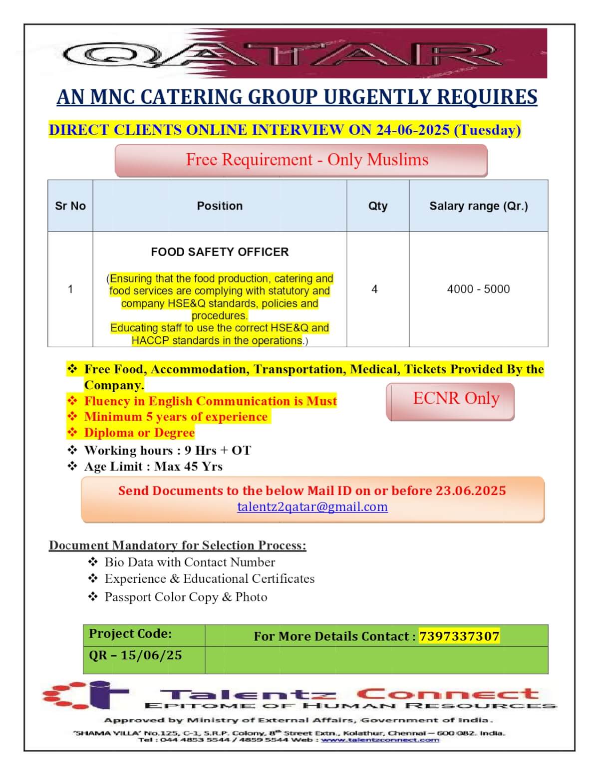 Qatar Food Safety Officer Jobs – Apply for MNC Catering Role