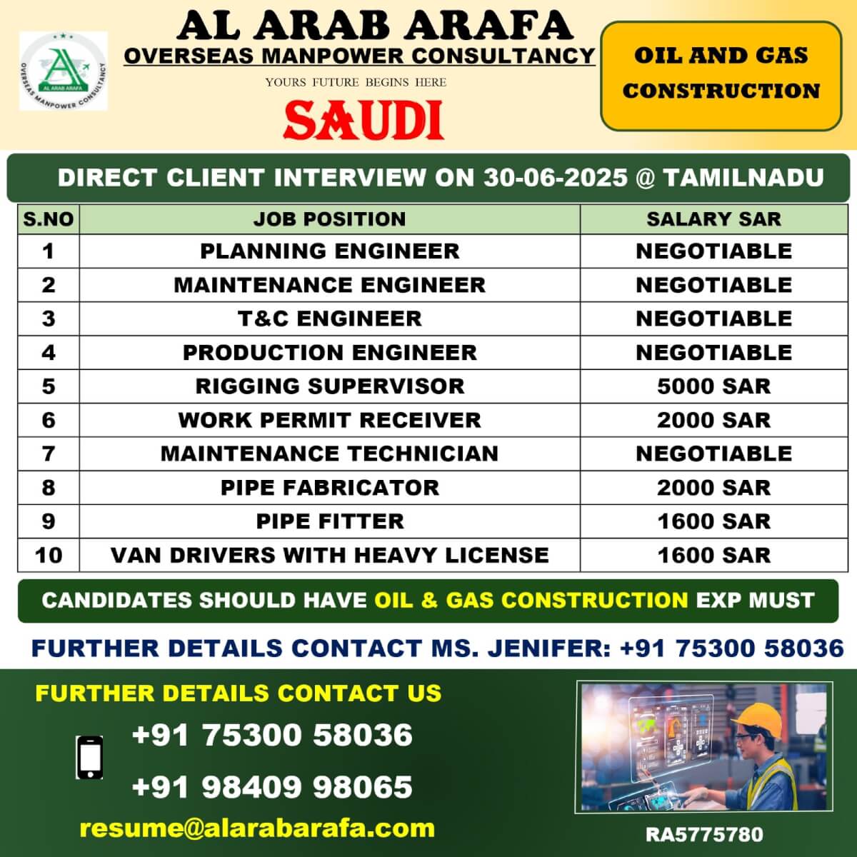 Saudi Oil & Gas Construction Jobs – Walk-in Interview in Tamil Nadu