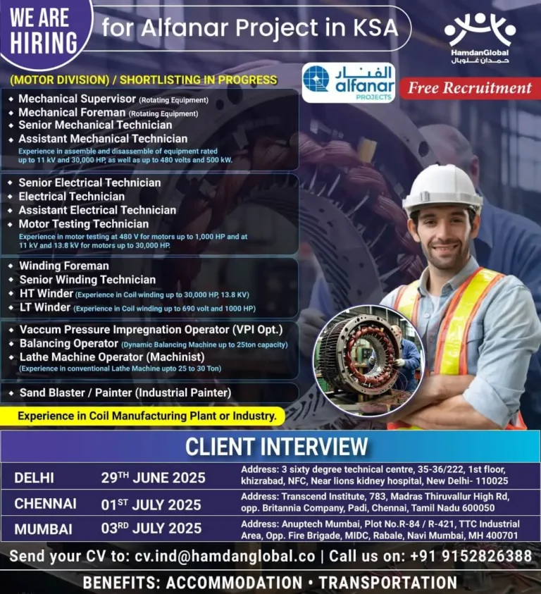 Alfanar Project KSA Jobs 2025 – Free Recruitment in India