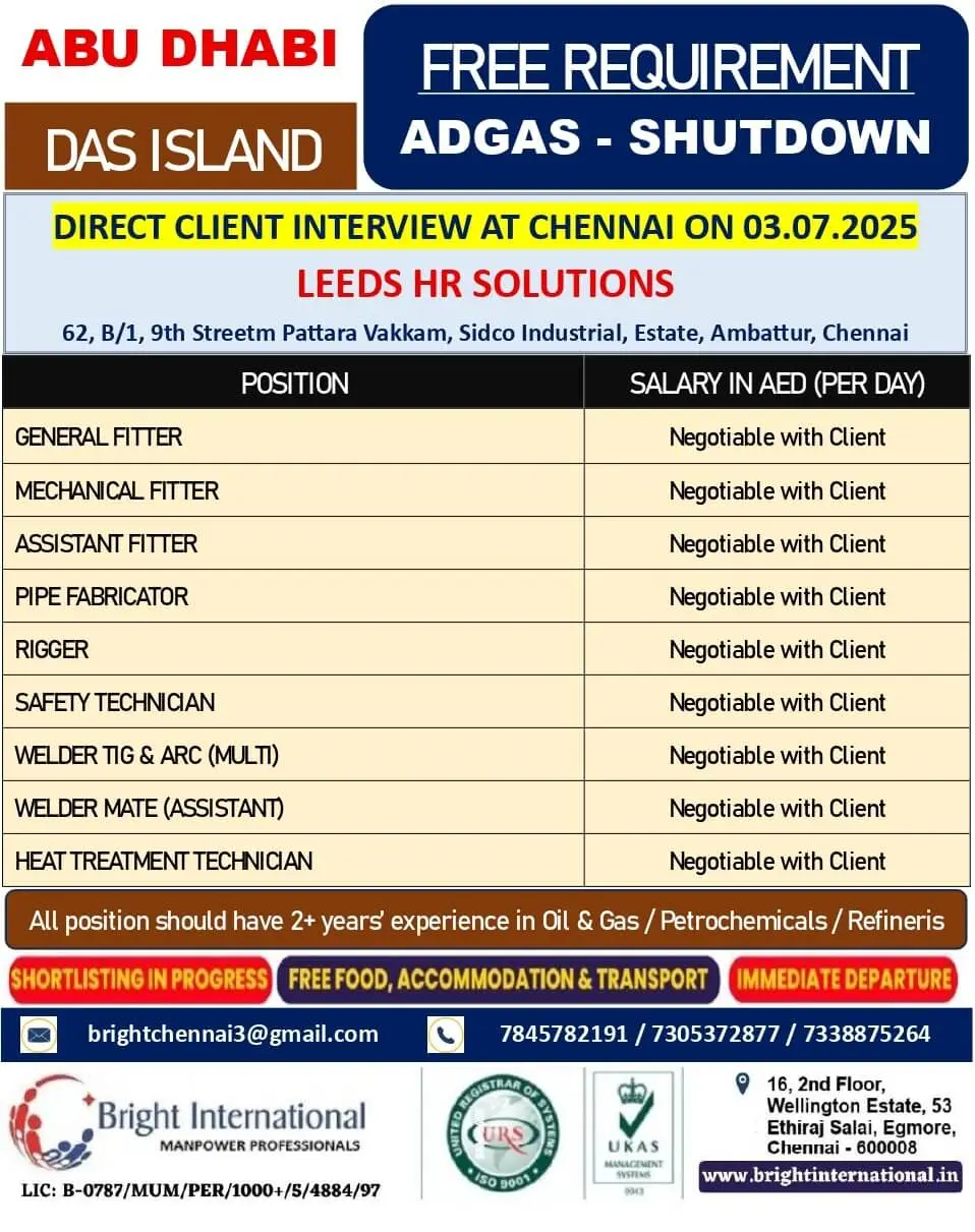 ADGAS Shutdown Jobs in Abu Dhabi – Free Recruitment Drive