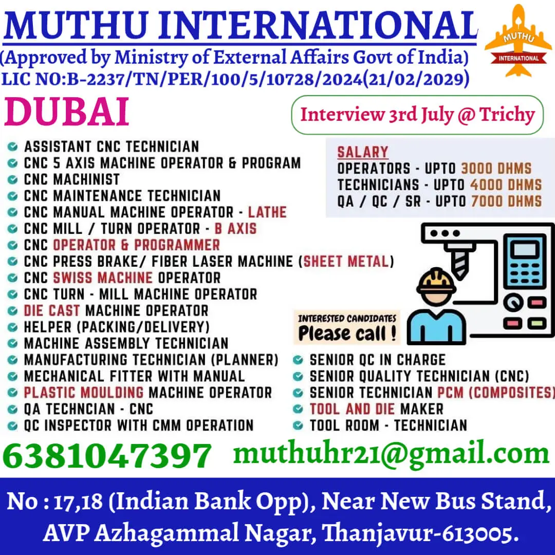 Dubai CNC Technician Jobs – Walk-in Interview 3rd July @ Trichy