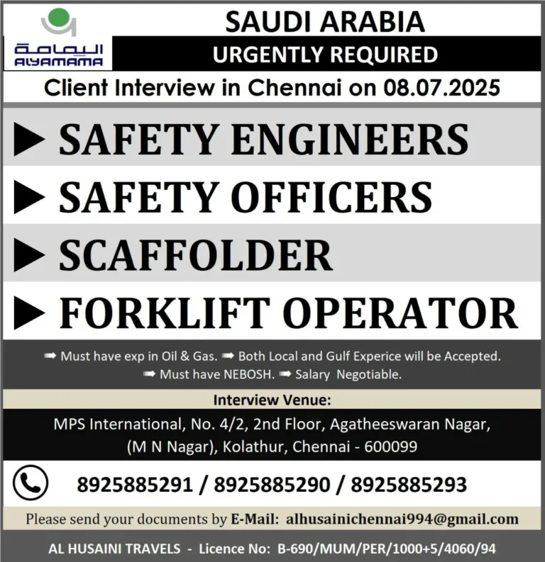 Saudi Arabia Oil & Gas Jobs – Walk-In Interview in Chennai on 8th July 2025