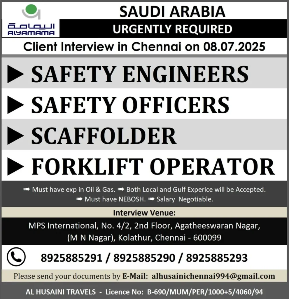 Saudi Arabia Oil & Gas Jobs – Walk-In Interview in Chennai on 8th July 2025
