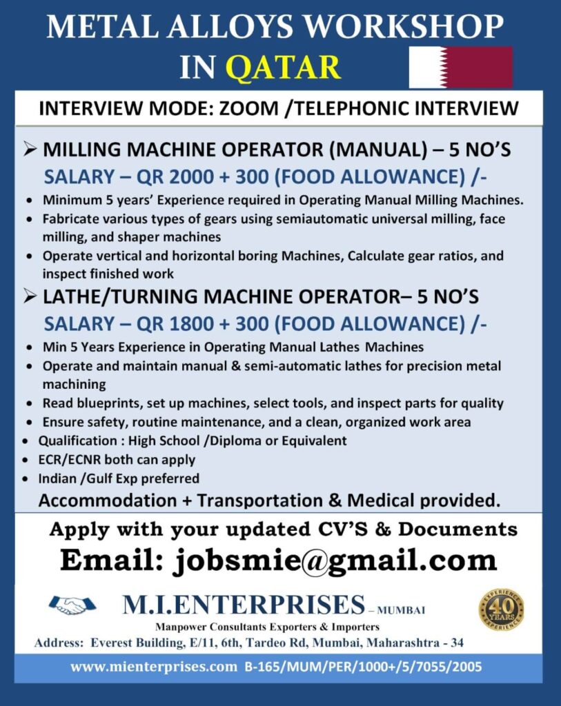 Qatar Machine Operator Jobs – Hiring Now for Milling and Lathe Operators