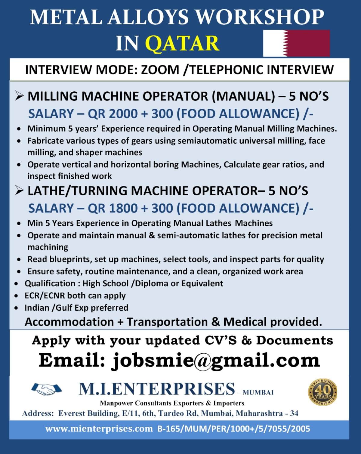 Qatar Machine Operator Jobs – Hiring Now for Milling and Lathe Operators
