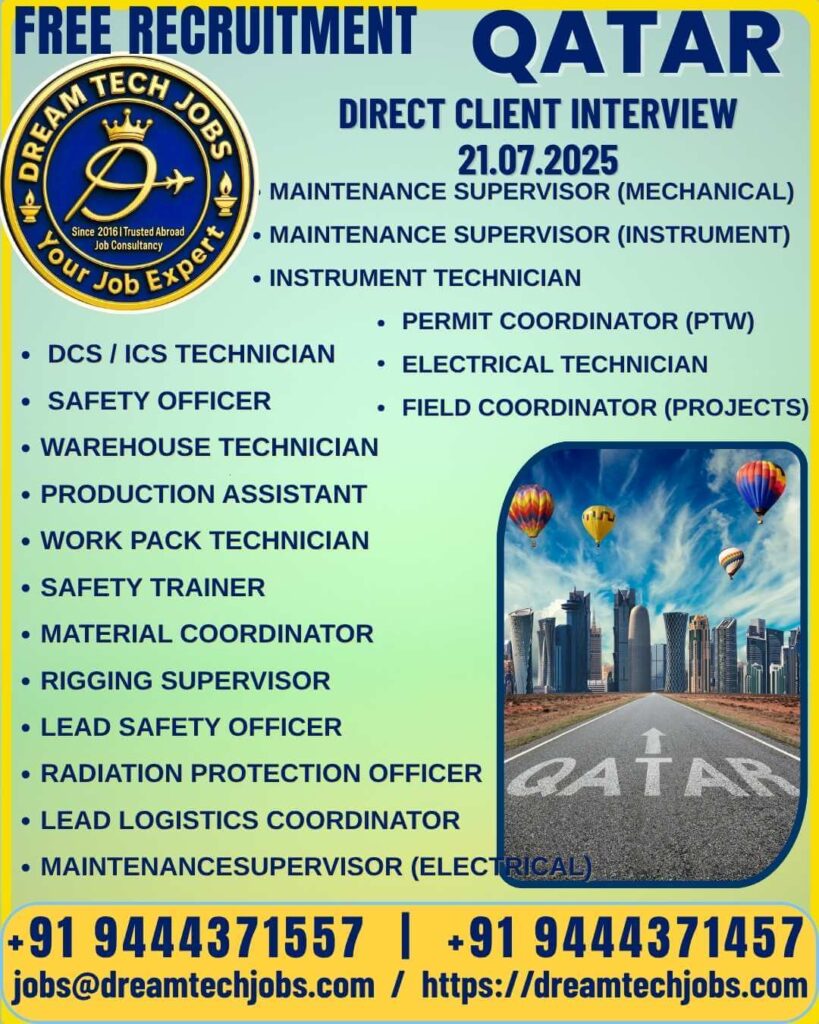 Qatar Technician Supervisor Jobs 2025 – Free Recruitment Walk-In