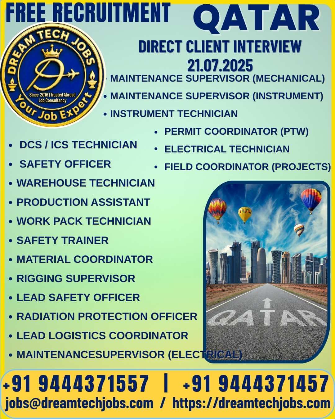 Qatar Technician Supervisor Jobs 2025 – Free Recruitment Walk-In