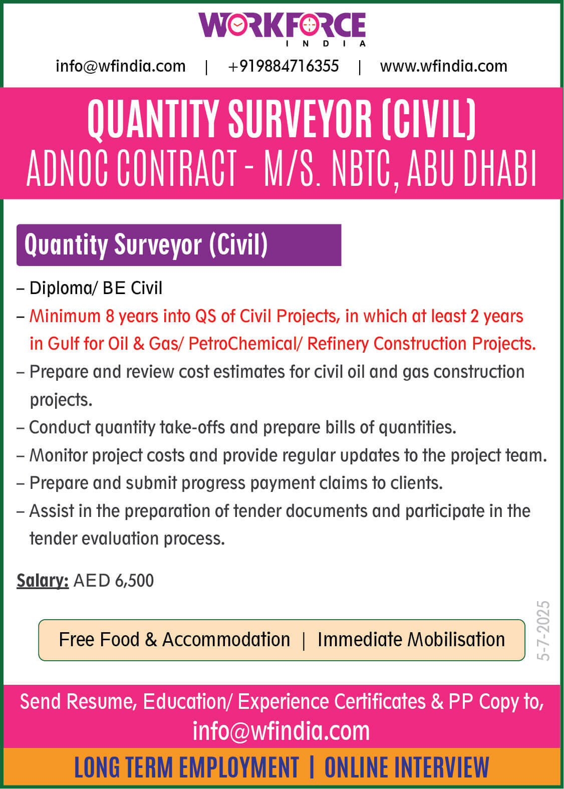 Quantity Surveyor Civil ADNOC Jobs in Abu Dhabi – Apply Now