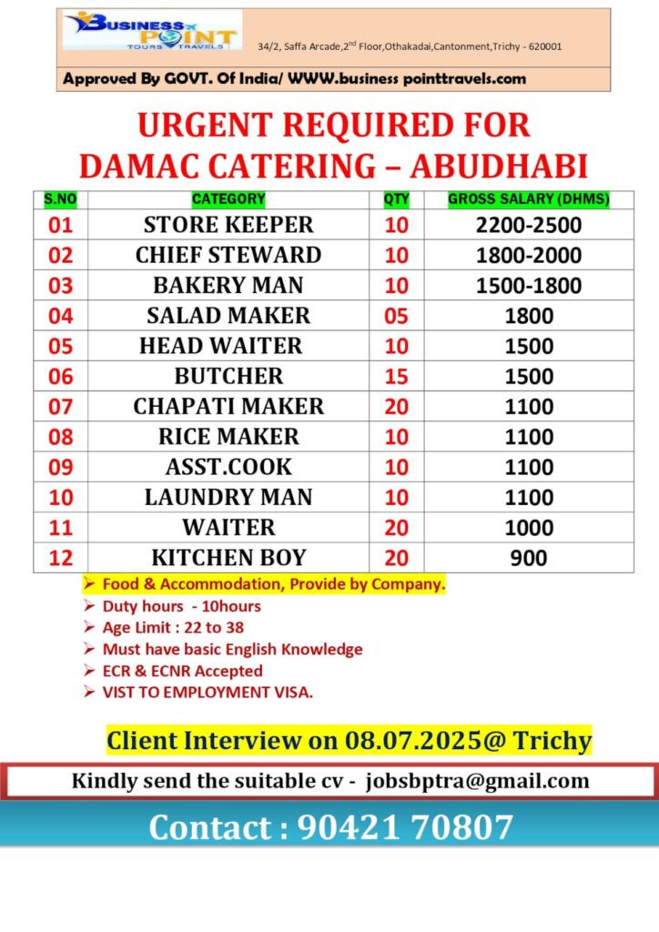 Urgent Recruitment for Damac Catering – Abu Dhabi