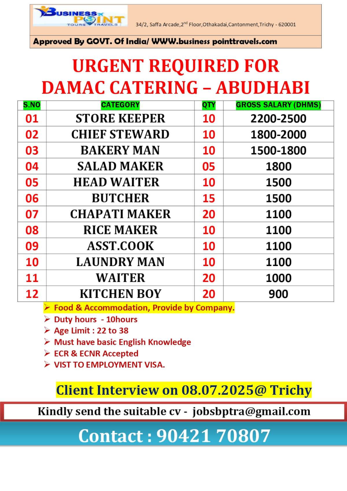 Urgent Recruitment for Damac Catering – Abu Dhabi