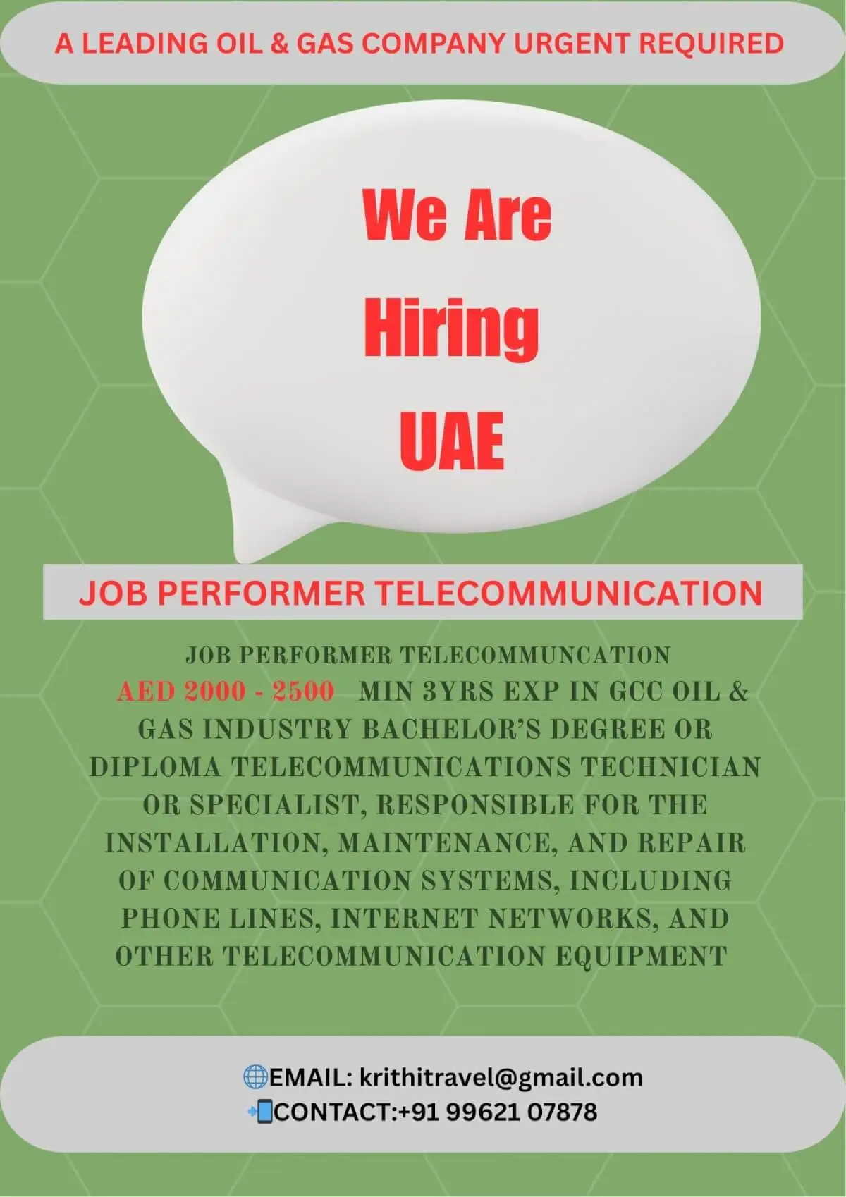 UAE Telecommunication Job Vacancy 2025 – Oil & Gas Sector