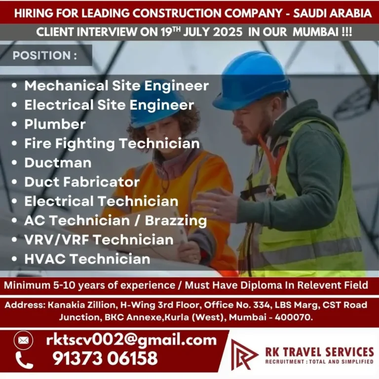 Saudi Arabia Construction Company Jobs – Interview on 19 July 2025