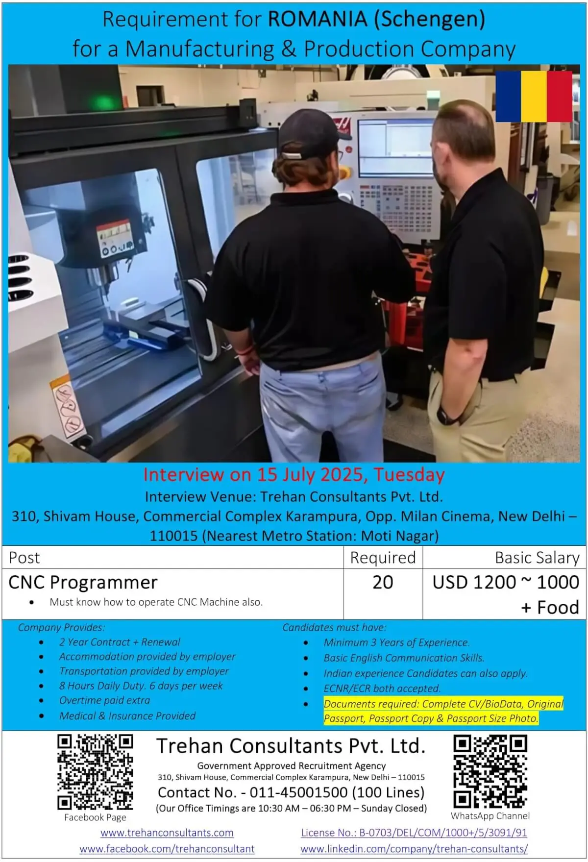 Romania CNC Programmer Jobs – Interview on 15 July 2025
