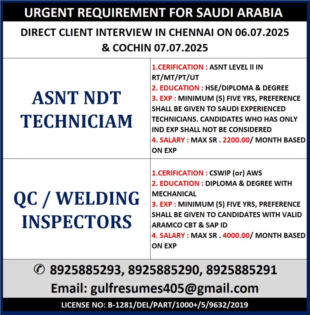Urgent Hiring for Saudi Arabia: ASNT NDT Technicians & QC/Welding Inspectors