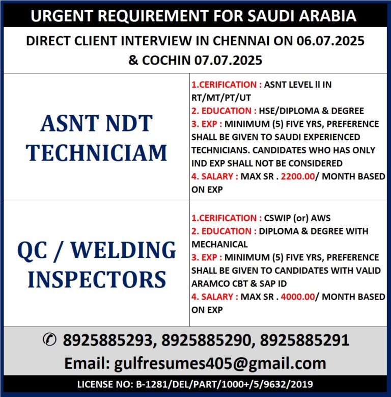 Urgent Hiring for Saudi Arabia: ASNT NDT Technicians & QC/Welding Inspectors