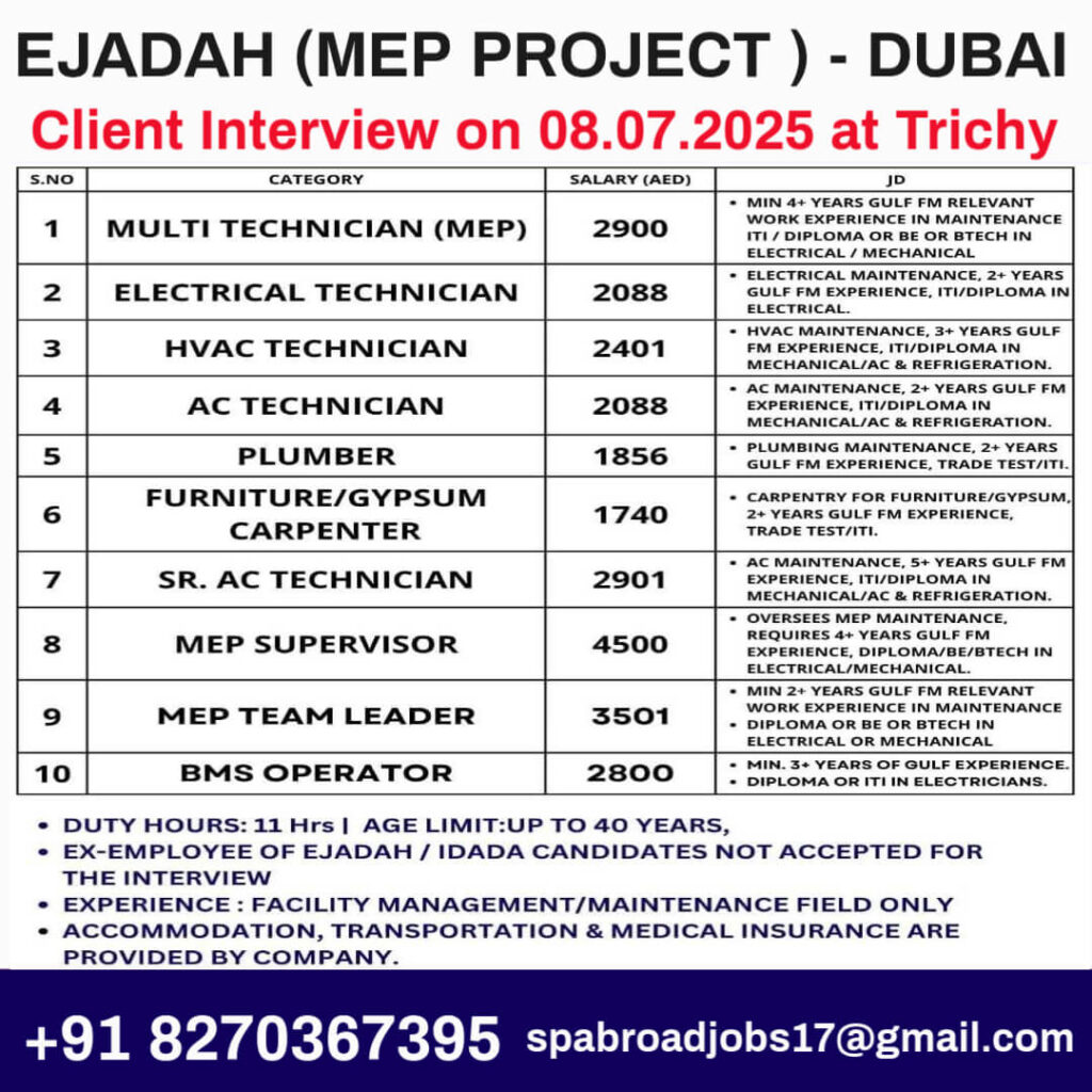 Ejadah MEP Technician Jobs Dubai – Walk-in Interview