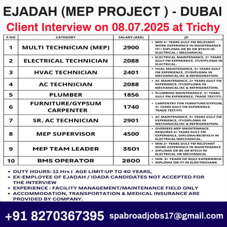 Ejadah MEP Technician Jobs Dubai – Walk-in Interview