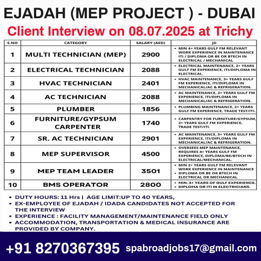 Ejadah MEP Technician Jobs Dubai – Walk-in Interview