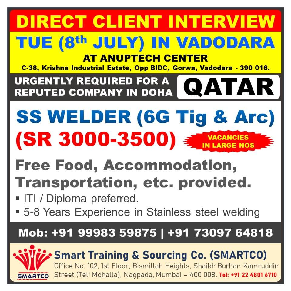 Qatar SS Welder Job Vacancy – Walk-In Interview on 8th July