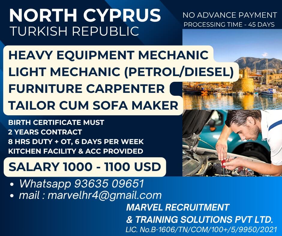 North Cyprus Job Vacancies 2025 – Apply for Mechanic, Carpenter & Tailor Roles