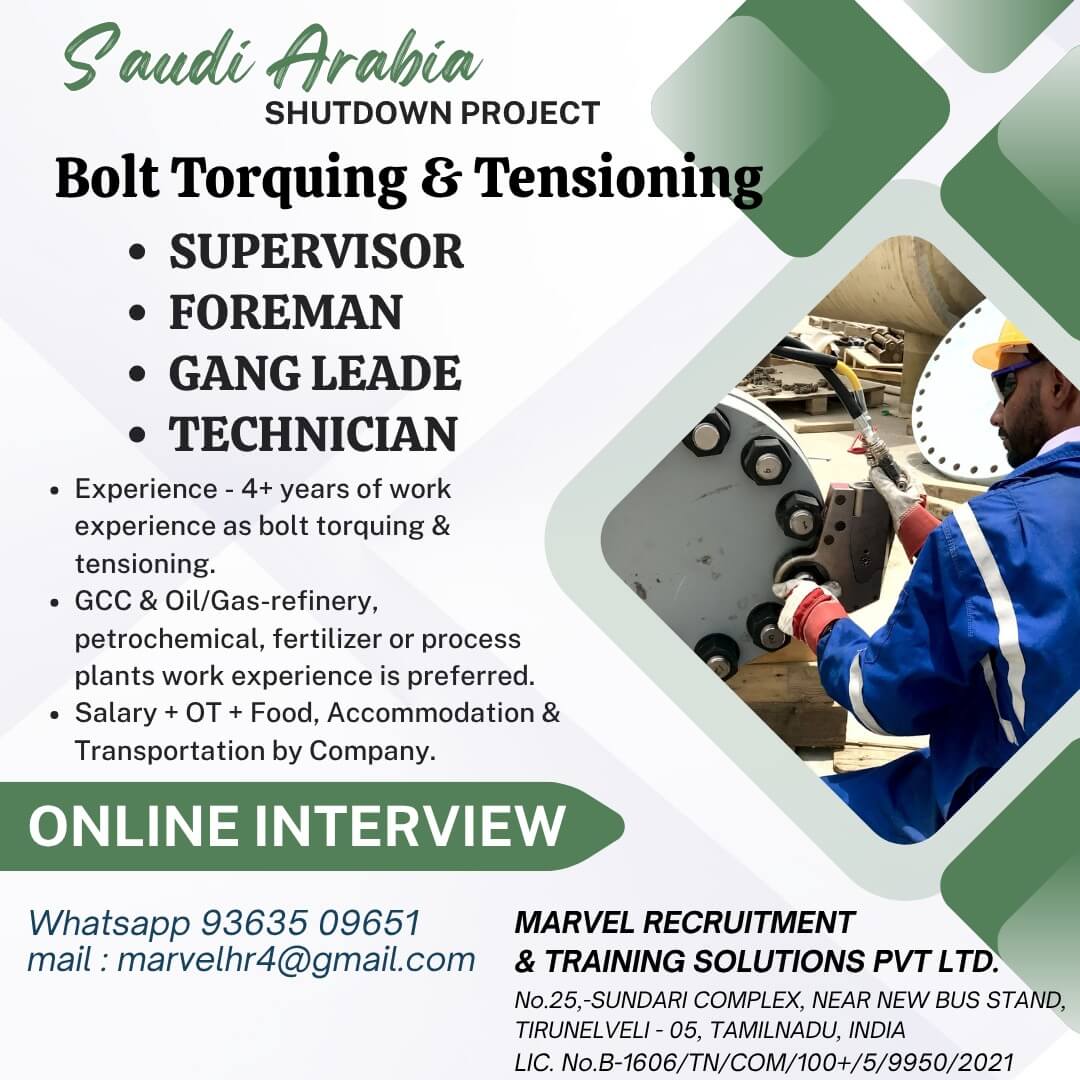 Saudi Shutdown Bolt Torquing Jobs – Apply Now