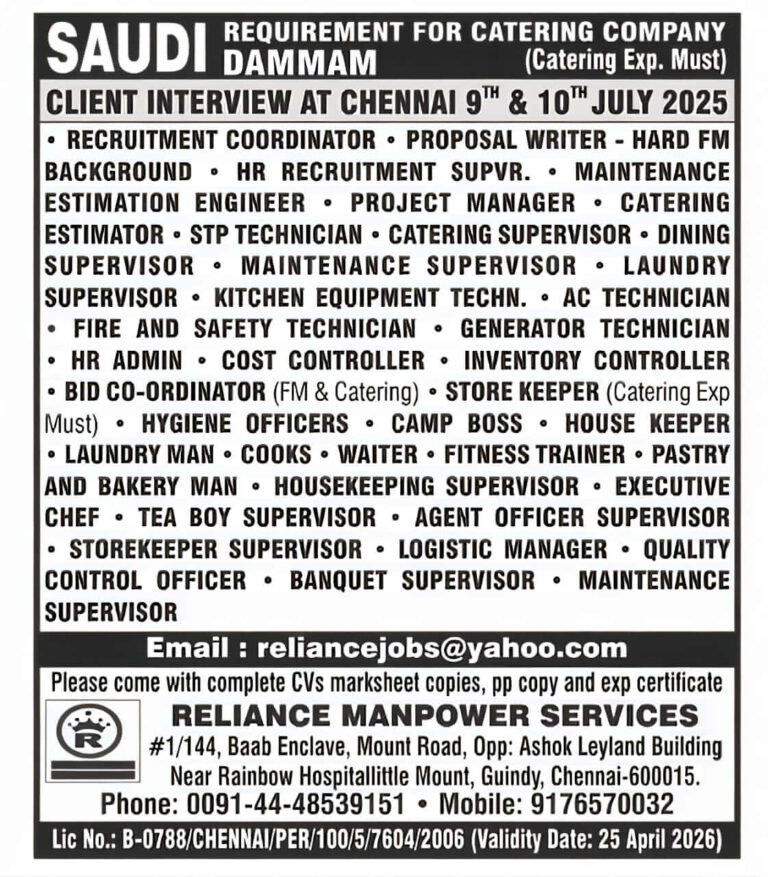 Saudi Catering Jobs Dammam – Interview at Chennai 2025