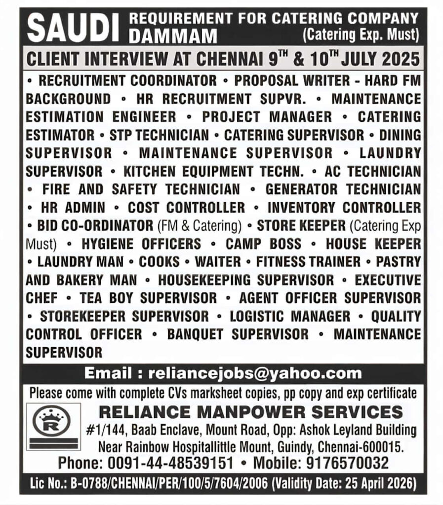 Saudi Catering Jobs Dammam – Interview at Chennai 2025