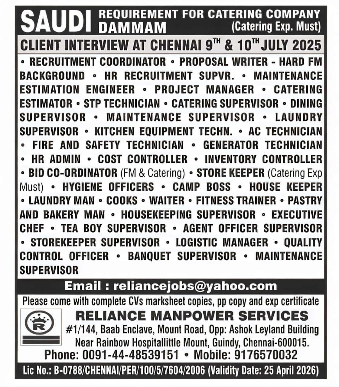 Saudi Catering Jobs Dammam – Interview at Chennai 2025