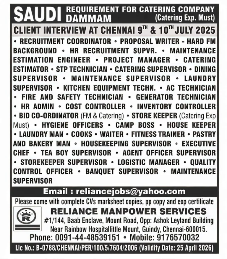 Saudi Dammam Catering Jobs 2025 – Walk-In Interview at Chennai