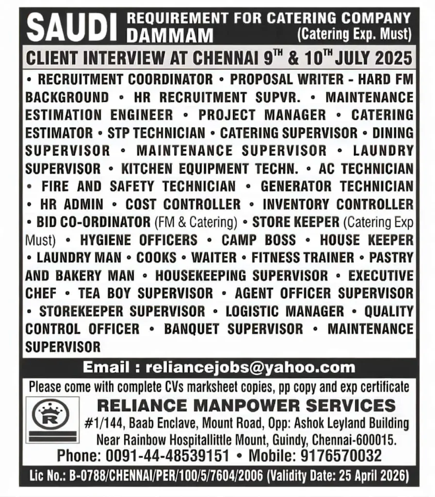 Saudi Dammam Catering Jobs 2025 – Walk-In Interview at Chennai