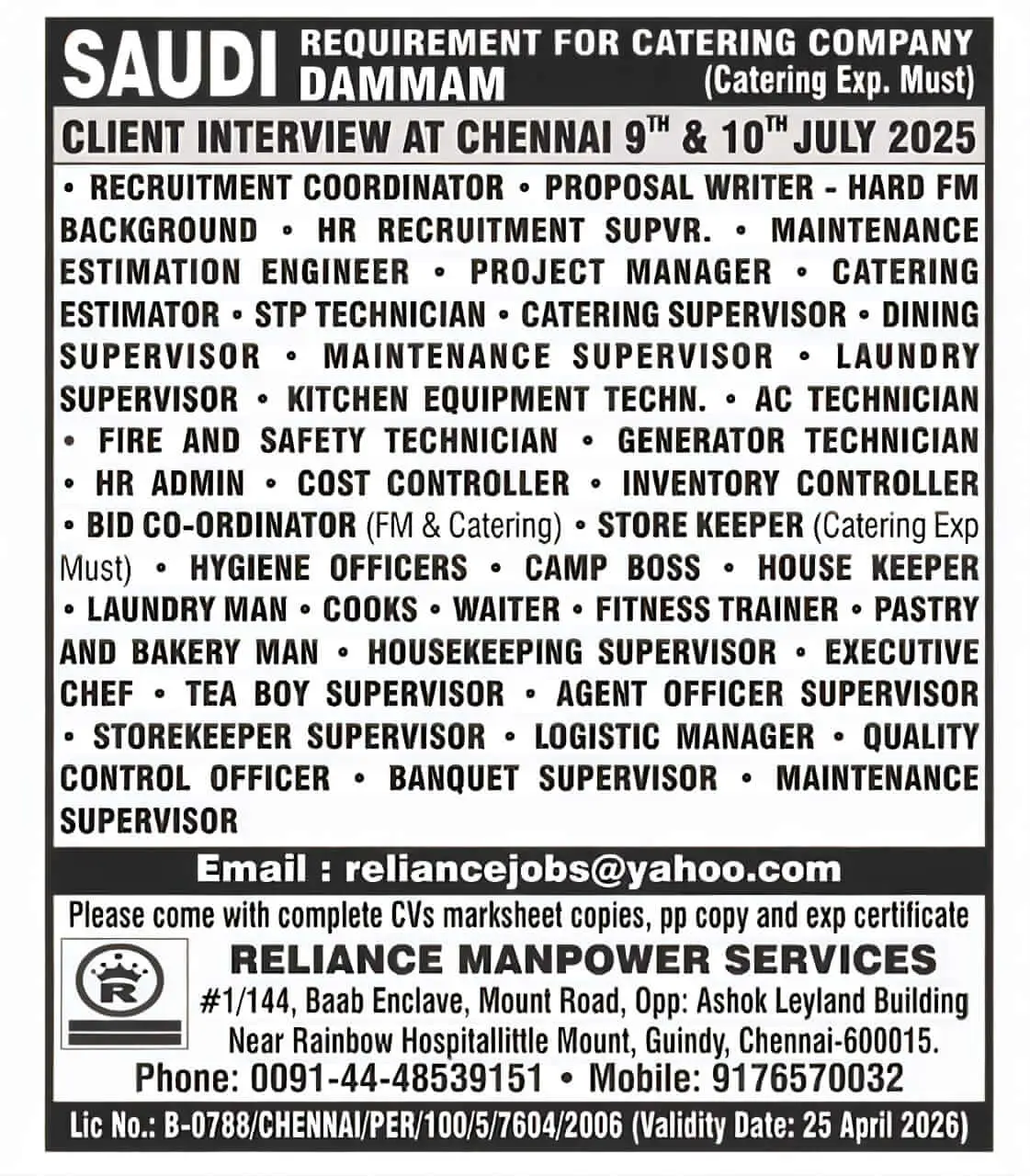 Saudi Dammam Catering Jobs 2025 – Walk-In Interview at Chennai