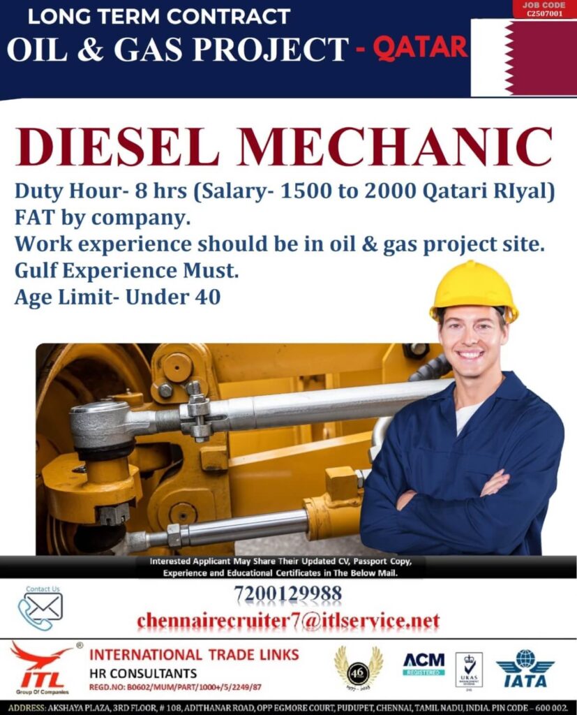 Diesel Mechanic Jobs in Qatar – Oil & Gas Project Recruitment 2025 1 222436