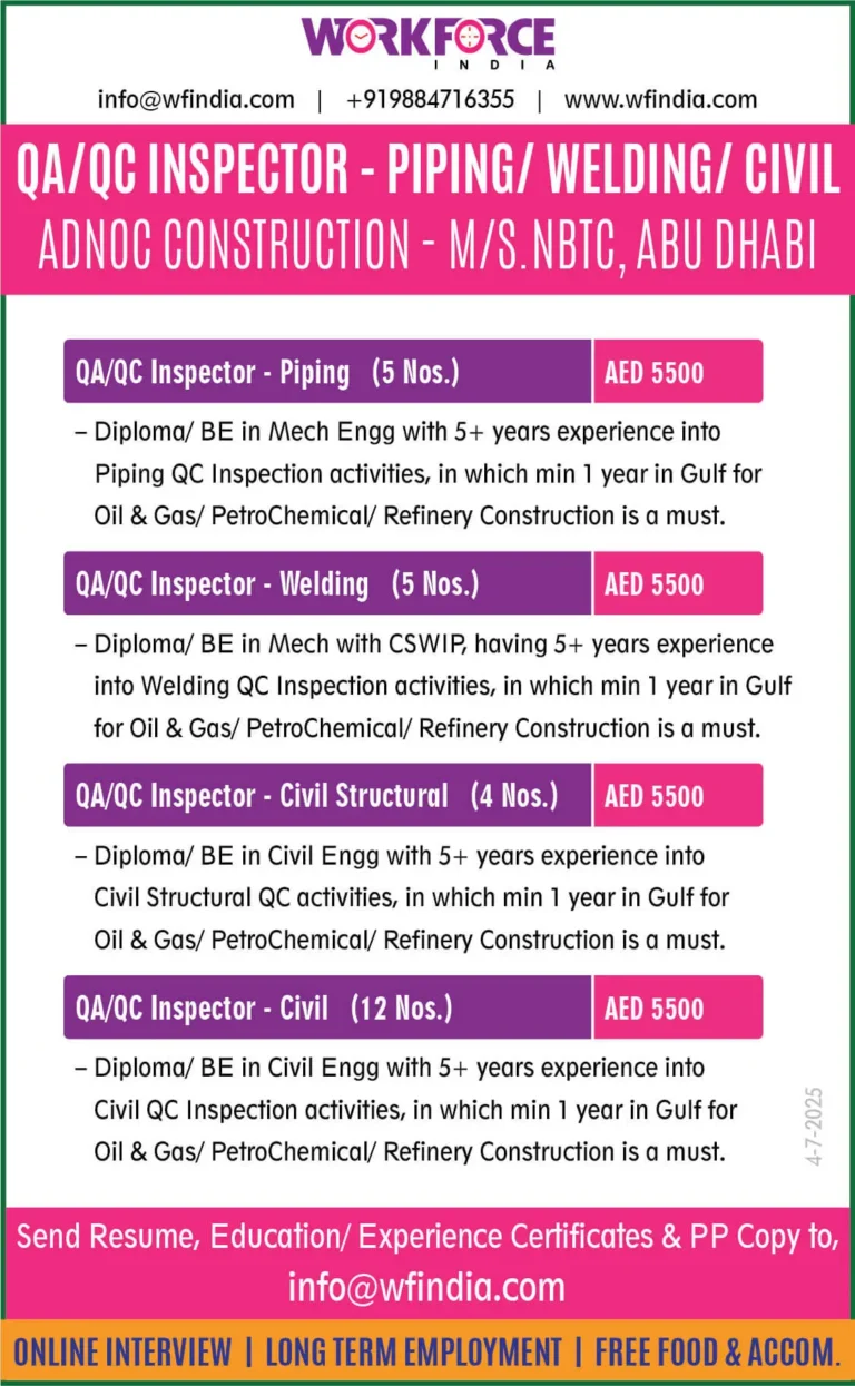 QA/QC Inspector Jobs in Abu Dhabi – ADNOC Construction (NBTC)