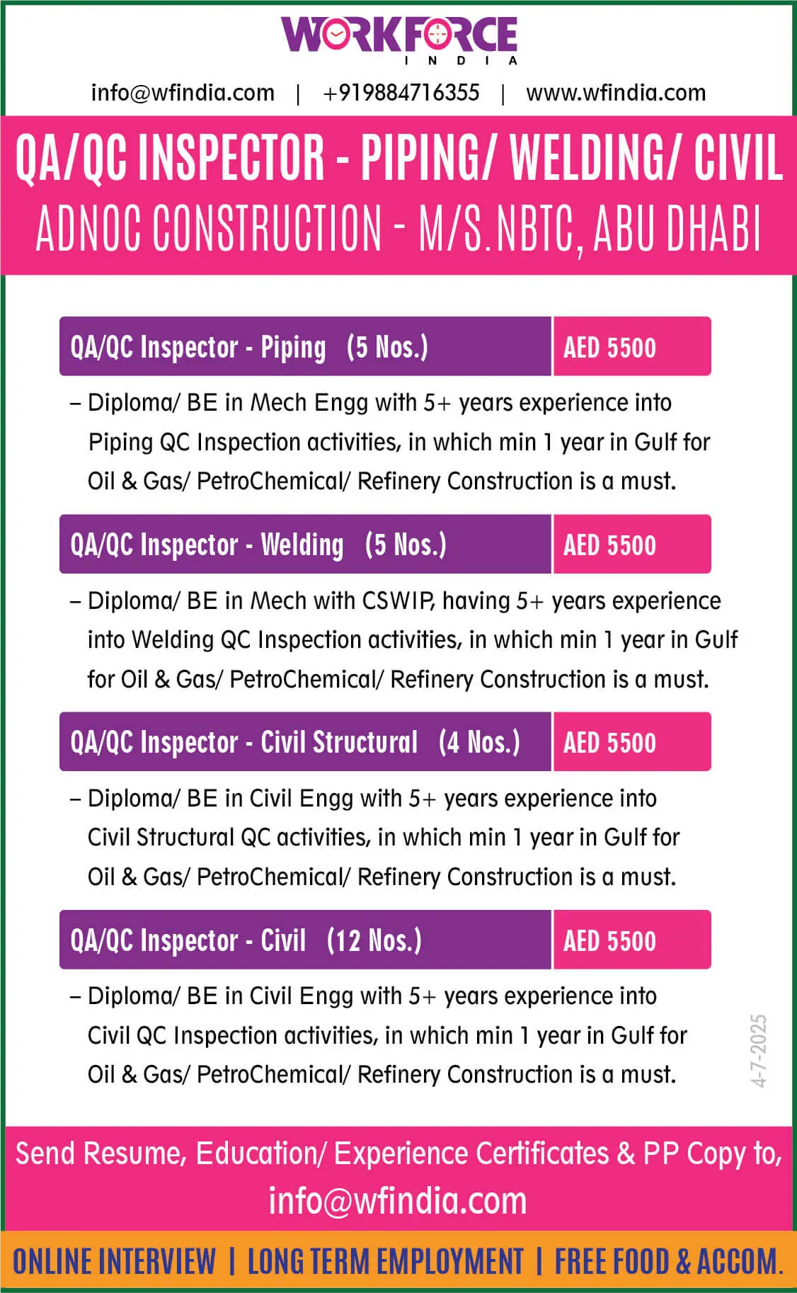 QA/QC Inspector Jobs in Abu Dhabi – ADNOC Construction (NBTC)