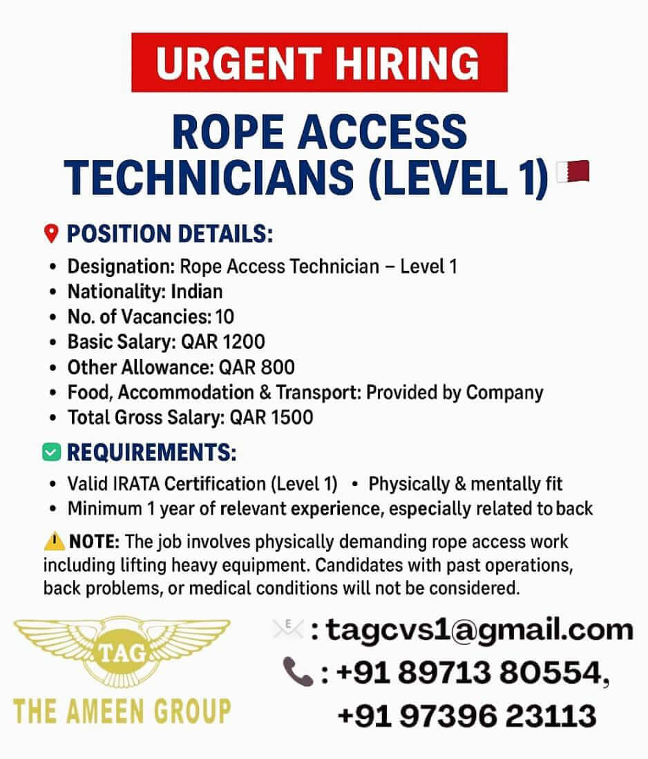 Urgent Hiring: Rope Access Technician Jobs in Qatar