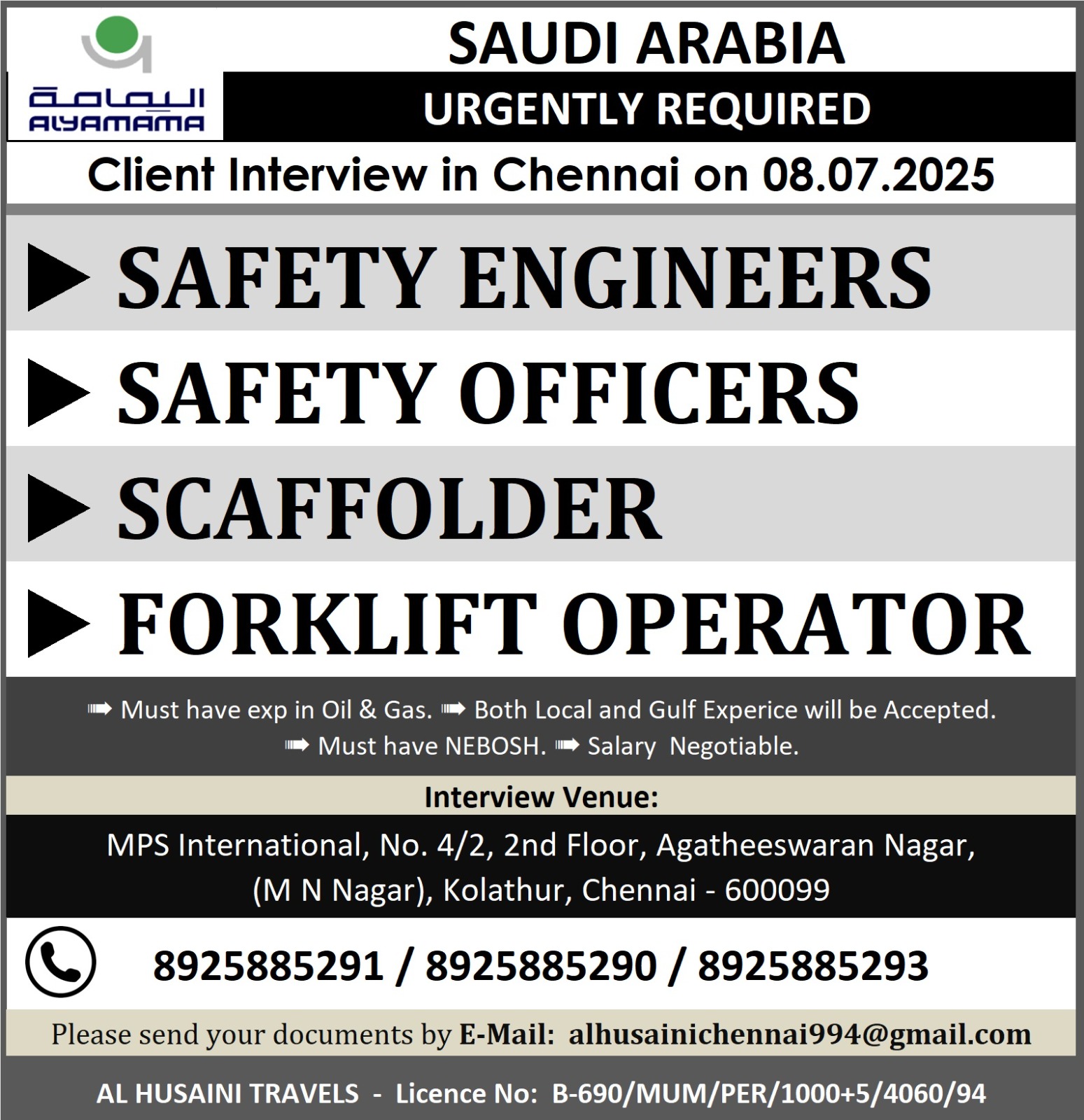 Saudi Arabia Chennai Job Interview – 08.07.2025 | Safety, Scaffold & Forklift Vacancies