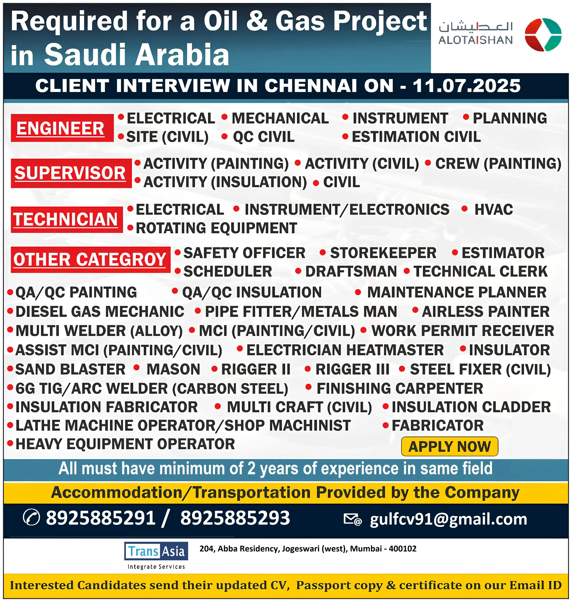 Saudi Arabia Oil & Gas Jobs – Walk-In Interview in Chennai