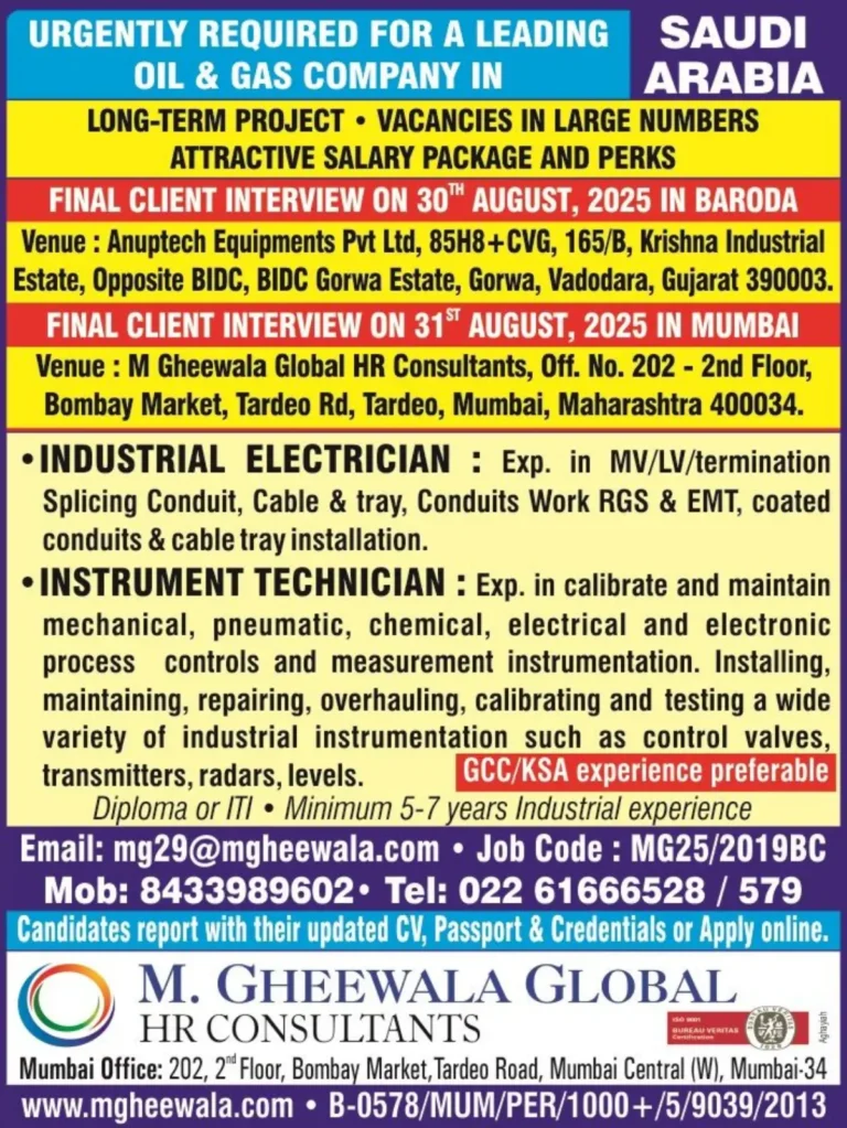 Saudi Oil & Gas Jobs 2025 – Client Interviews in Baroda & Mumbai