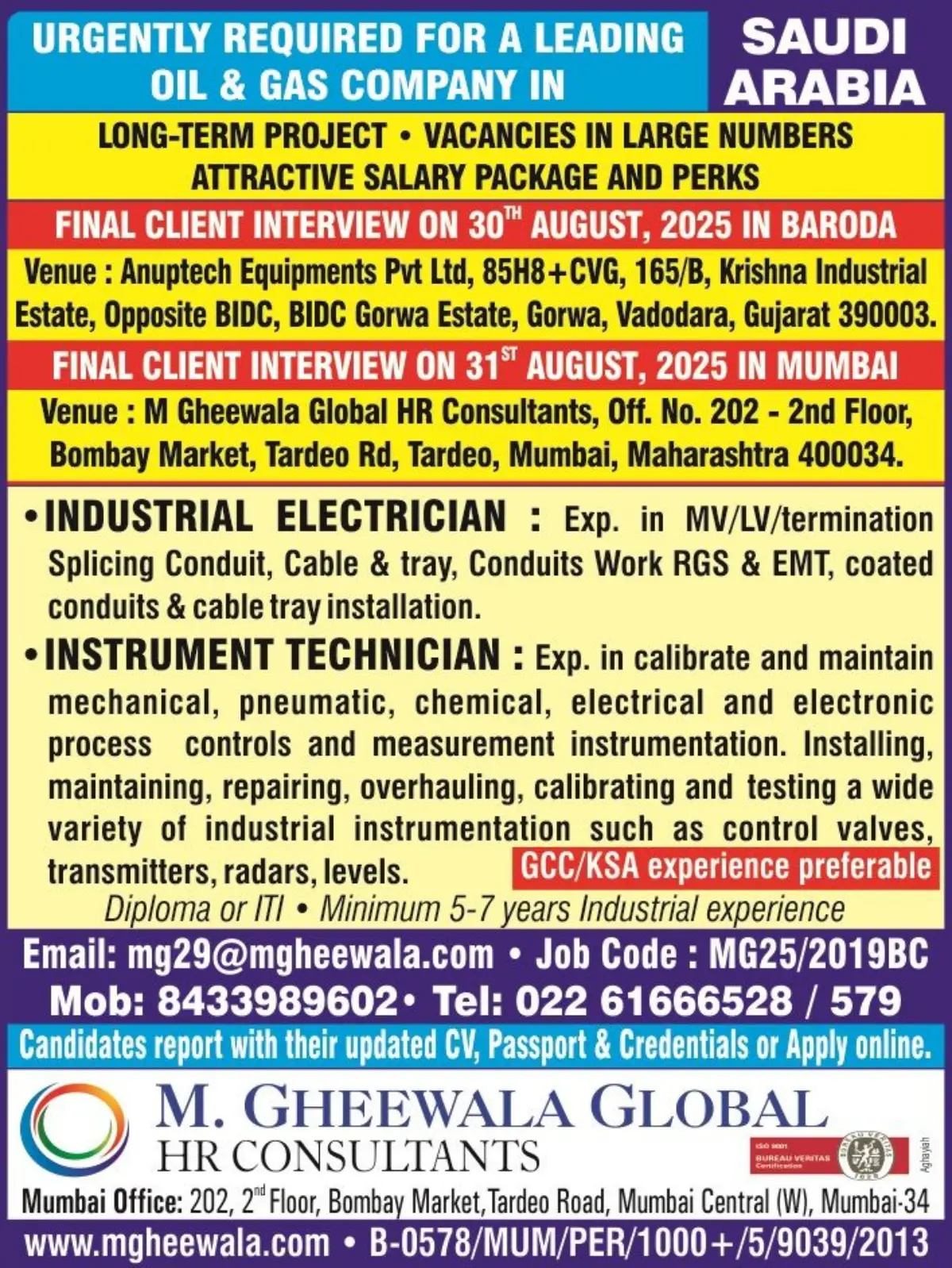 Saudi Oil & Gas Jobs 2025 – Client Interviews in Baroda & Mumbai