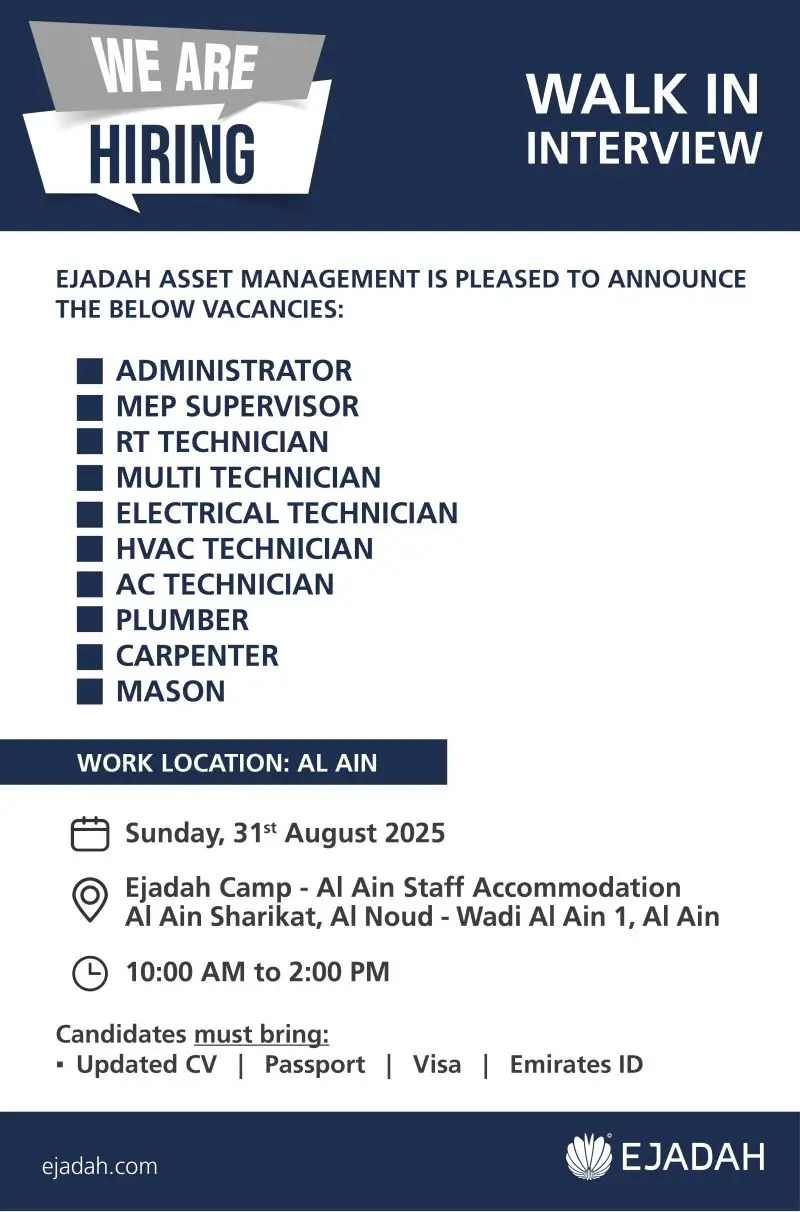 Ejadah Walk-in Interview Al Ain Jobs 2025
