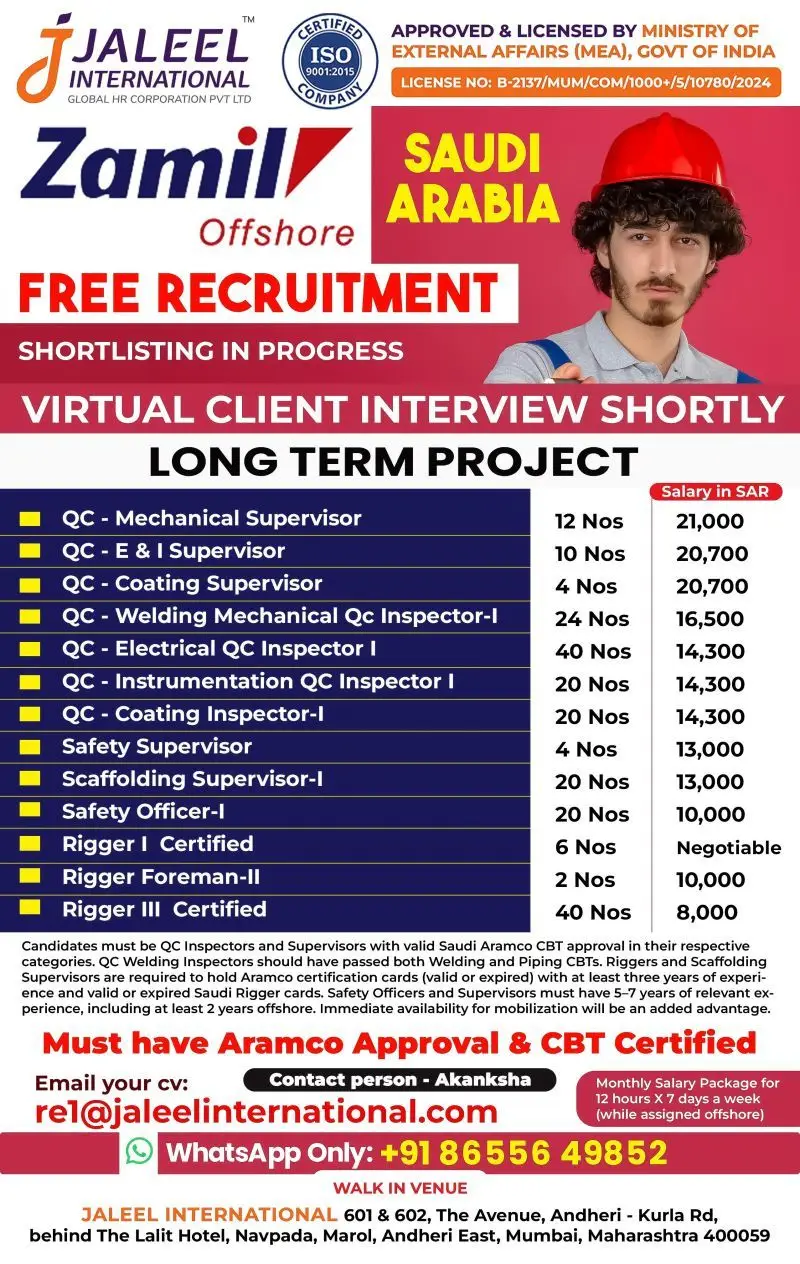 Saudi Arabia Zamil Offshore Jobs | Free Recruitment