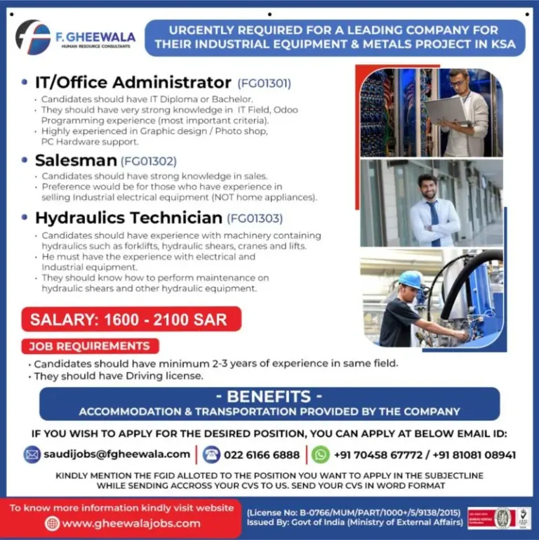 Urgent KSA Industrial Equipment Jobs Recruitment 2025