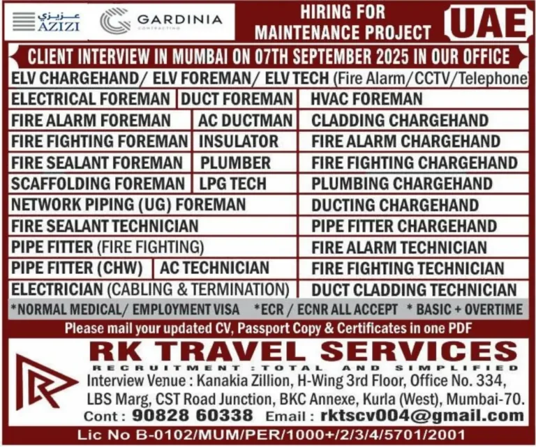 UAE Maintenance Project Jobs | Client Interview in Mumbai on 7th September 2025