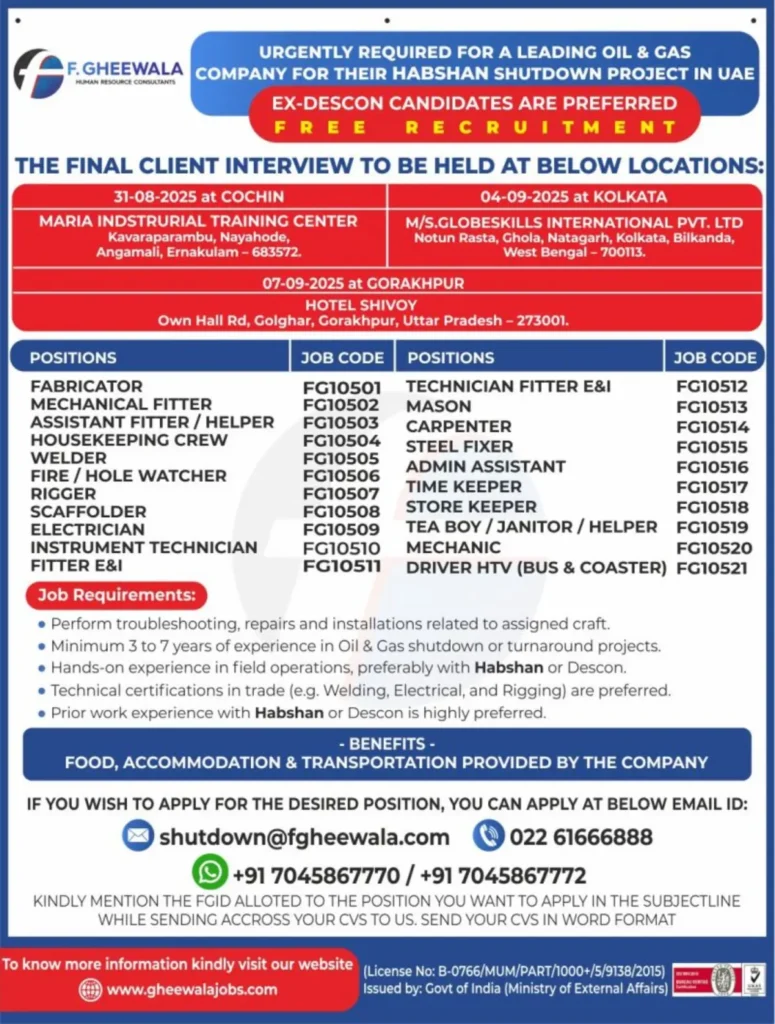Oil & Gas Jobs UAE – Habshan Shutdown Project | Free Recruitment