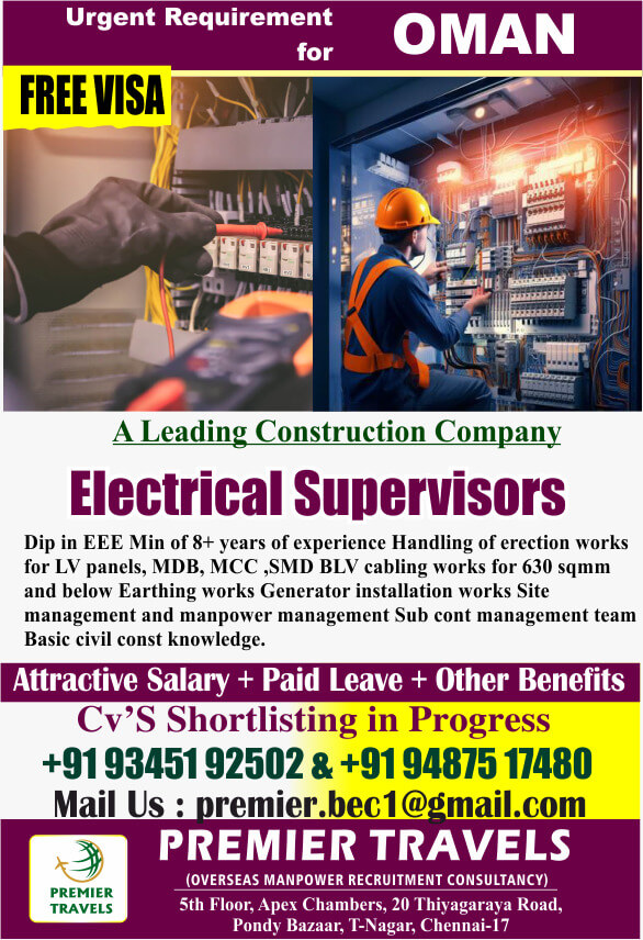 Oman Electrical Supervisor Jobs 2025 – Free Visa | Apply Now
